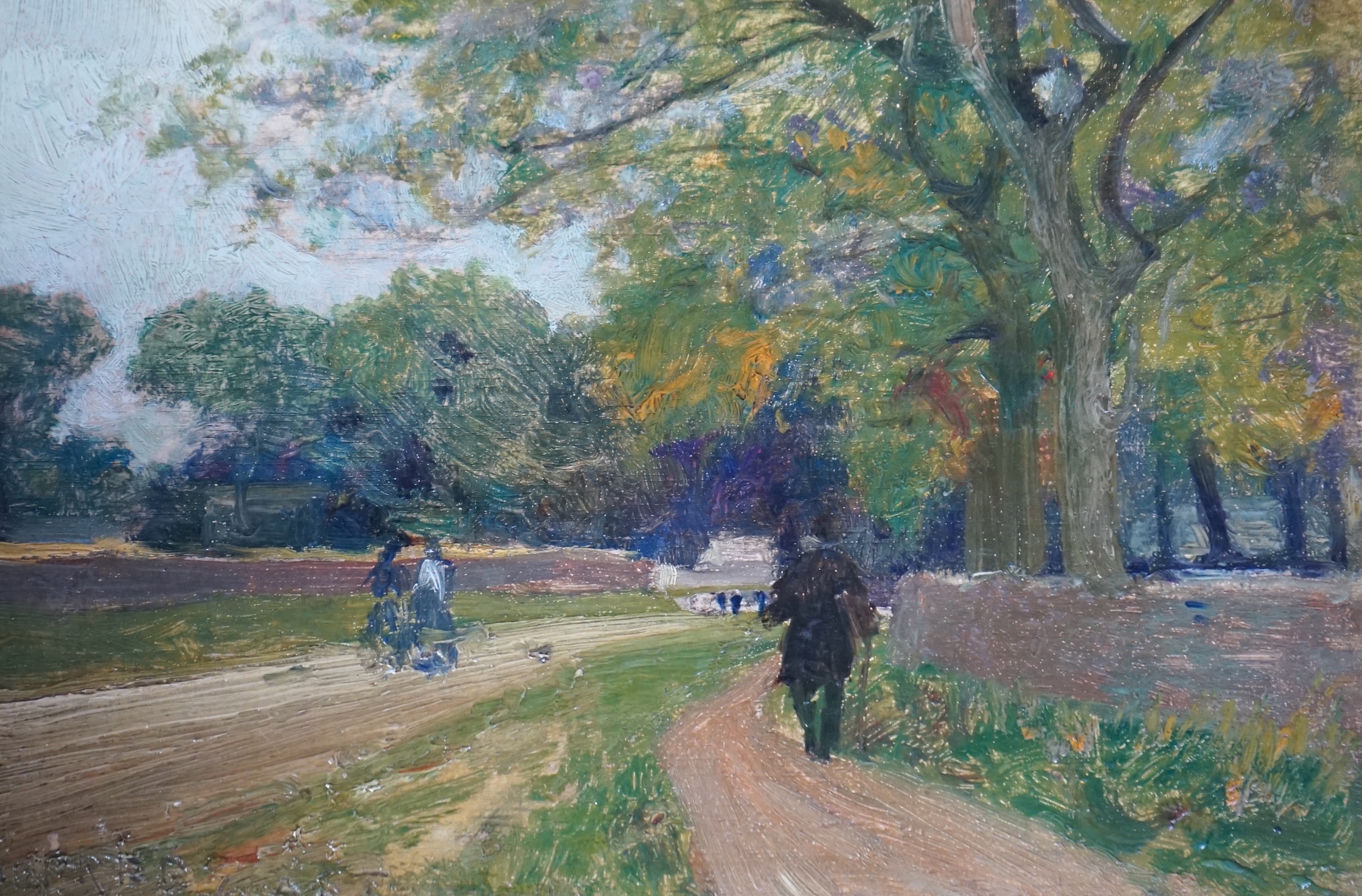 Sir Alfred Edward East (English, 1844-1913), Figures in parkland, oil on panel, 16 x 24cm